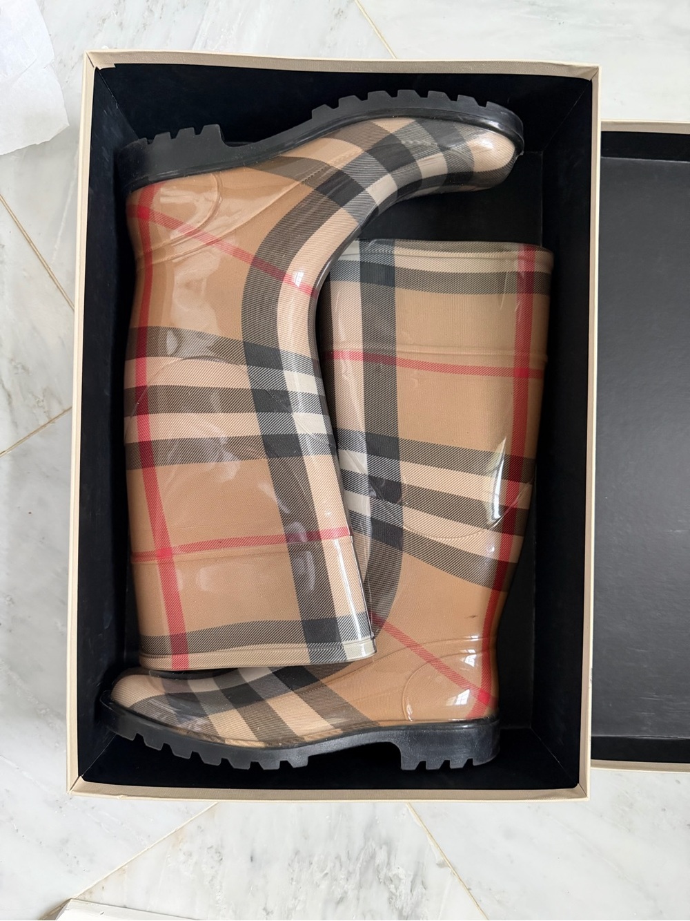 Burberry Beige Plaid and Black Authentic Rubber Rainboot - Picture 2 of 8
